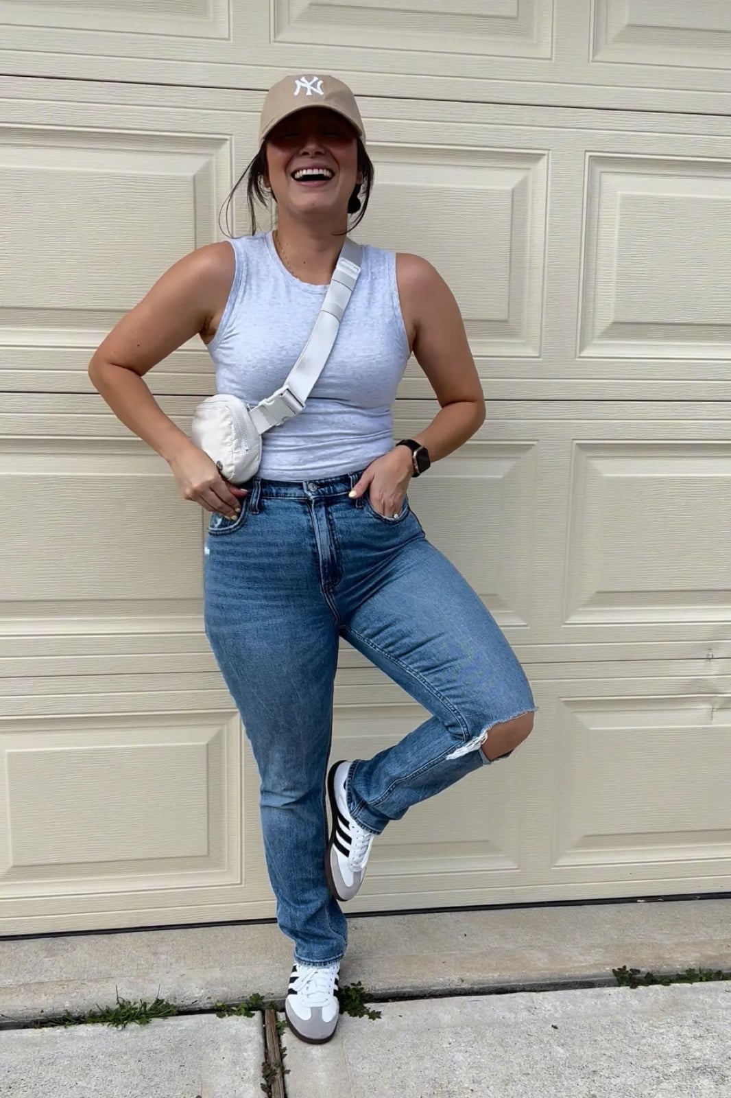 Medium Wash Ripped Mom Jeans with Grey Tank and Sneakers — Trendy Mom Jeans Outfits