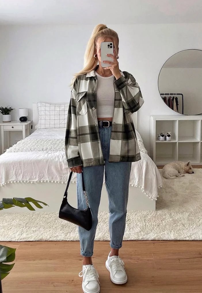 Light Blue Mom Jeans with White Crop Top and Plaid Shirt, Denim — Trendy Mom Jeans Outfits