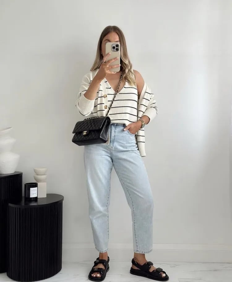 Light Wash Mom Jeans with Striped Top and Cardigan — Trendy Mom Jeans Outfits