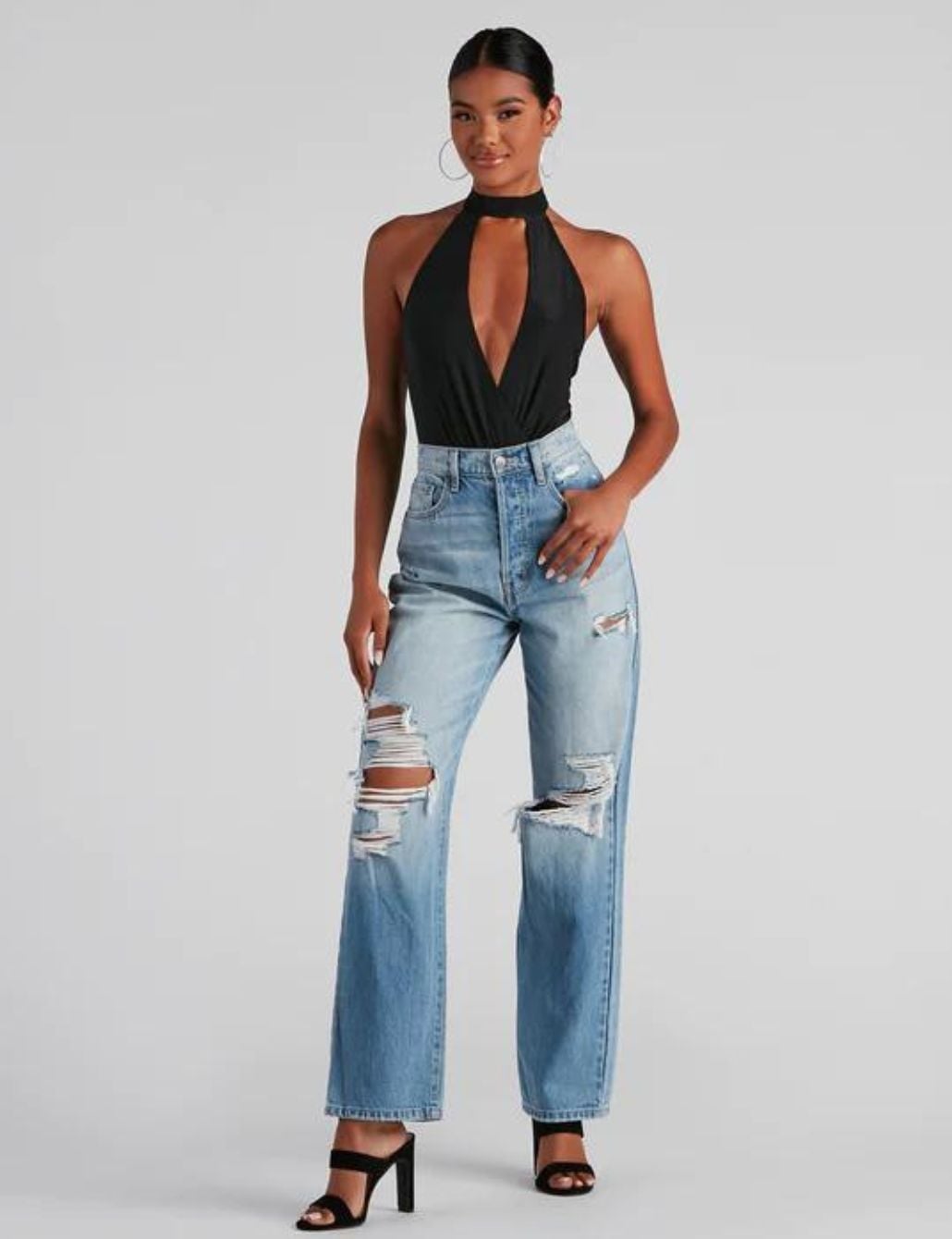 Distressed Wide Leg Mom Jeans with Black Halter Bodysuit — Trendy Mom Jeans Outfits