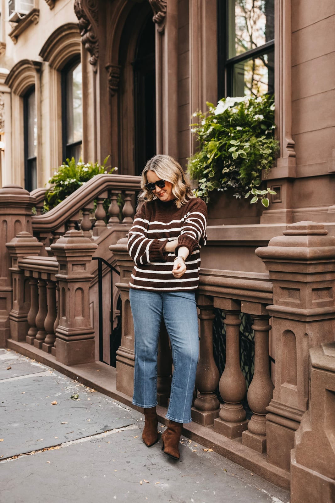 Blue Cropped Wide Leg Jeans with Striped Turtleneck and Brown Boots — Trendy Mom Jeans Outfits