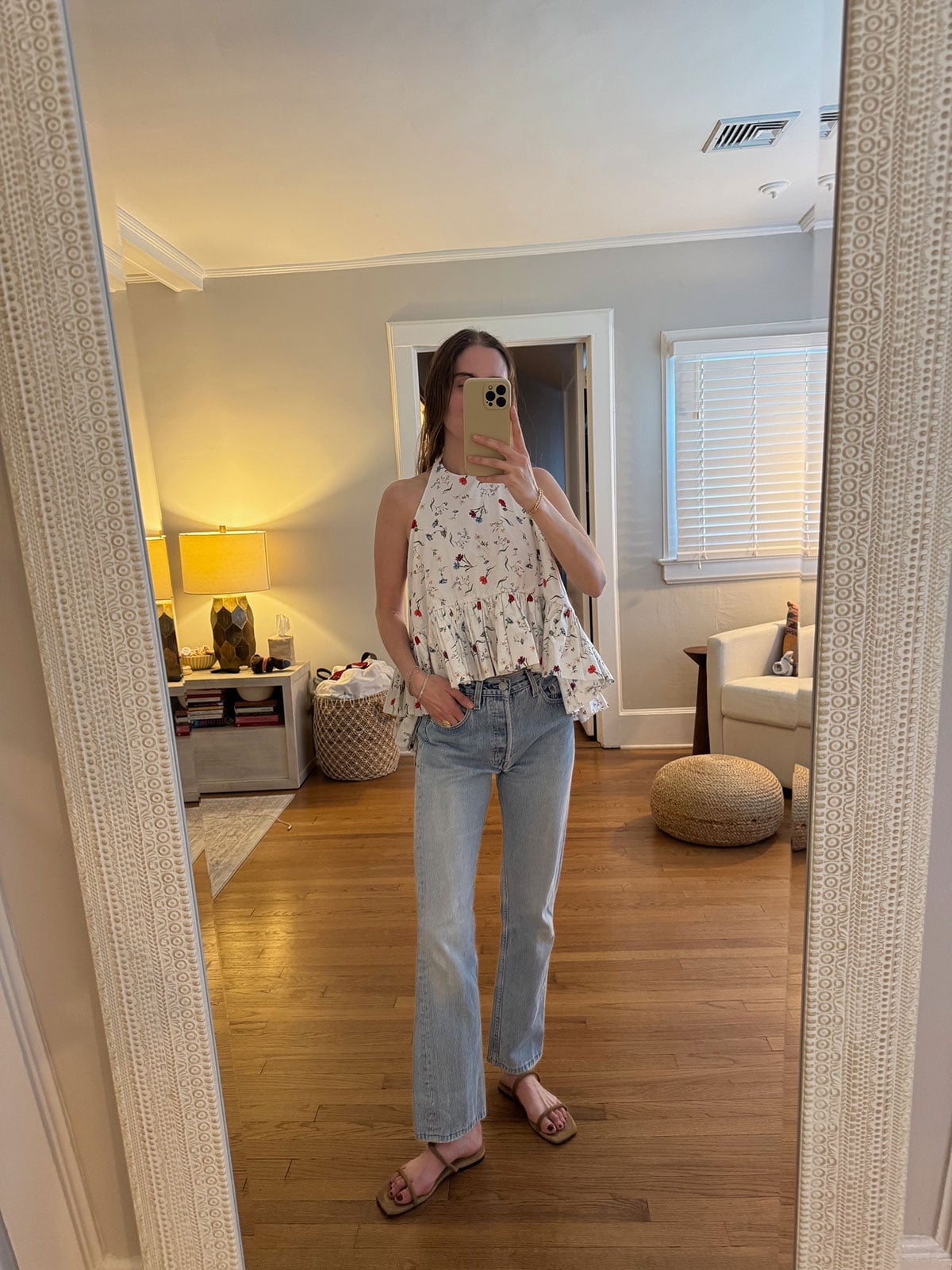 Light Wash Straight Leg Jeans with Printed Halter Top — Trendy Mom Jeans Outfits