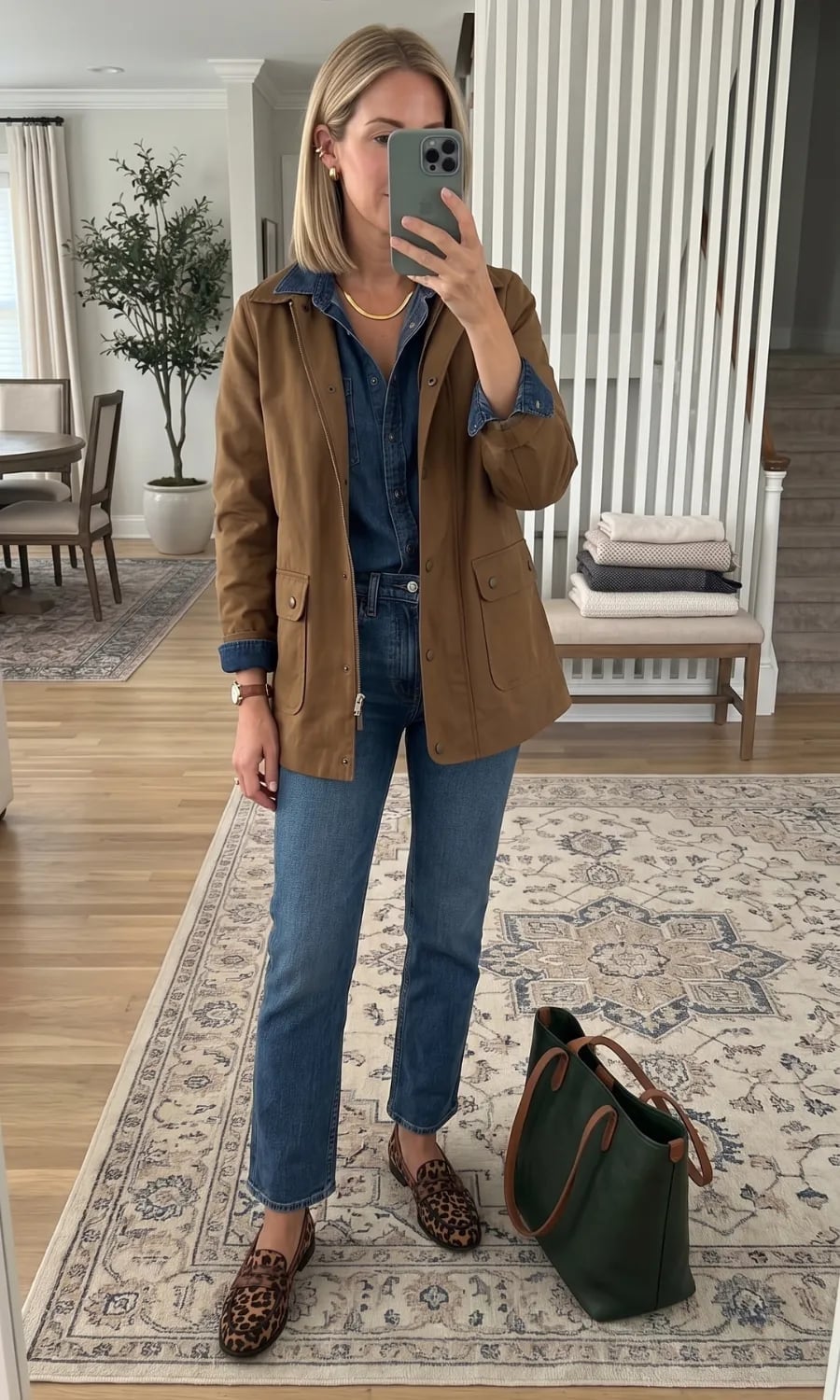 Utility Jacket With Denim Shirt And Jeans — Trendy Mom Outfits