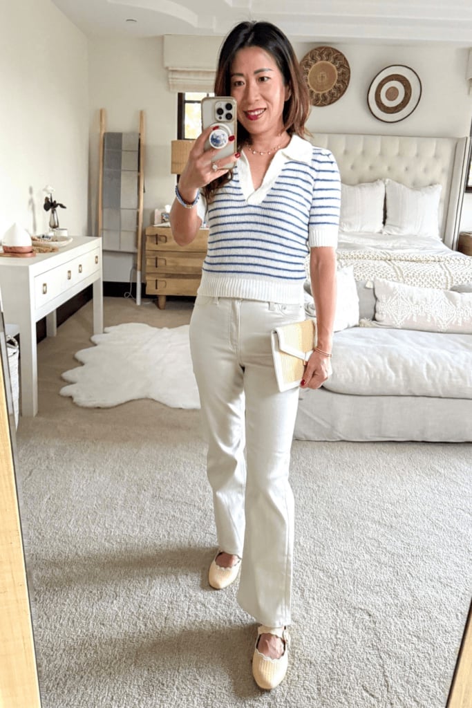 Striped Polo Top With Cream Wide-Leg Trousers — Trendy Mom Outfits