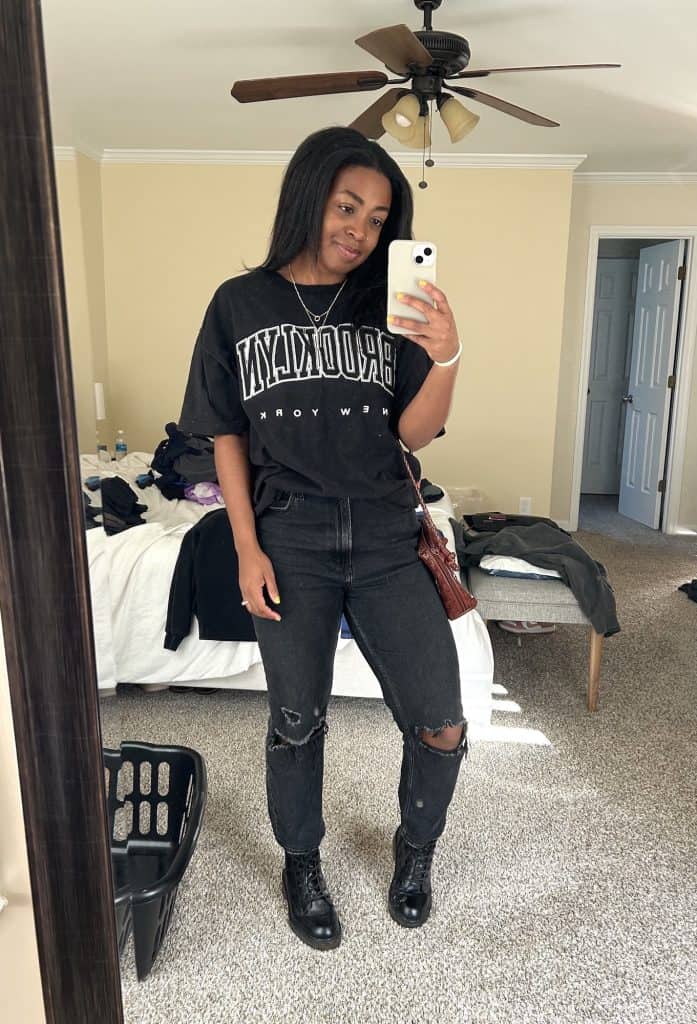 Graphic T-Shirt With Ripped Black Jeans — Trendy Mom Outfits