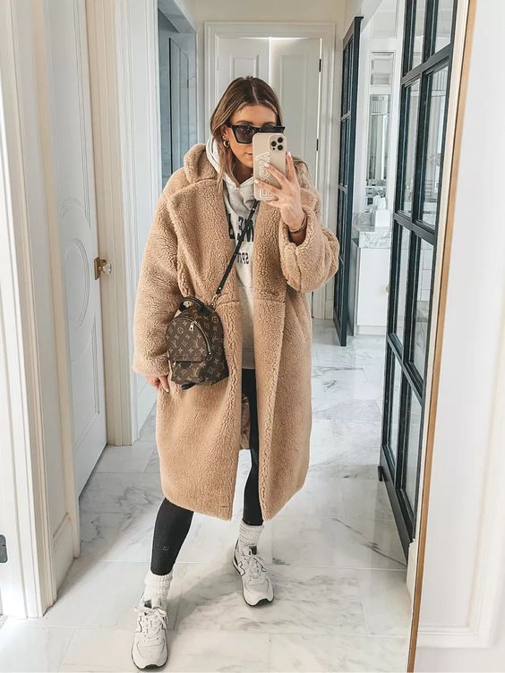 Oversized Teddy Fleece Coat With Grey Hoodie — Trendy Mom Outfits