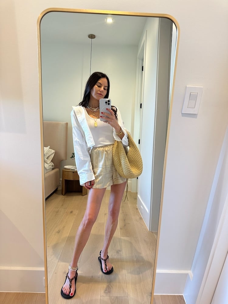 Cropped Jacket With Striped Shorts And Sandals — Trendy Mom Outfits