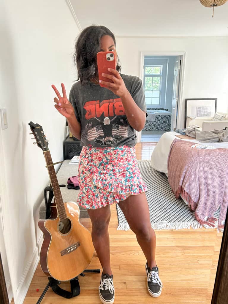Graphic T-Shirt With Floral Mini Skirt — Trendy Mom Outfits