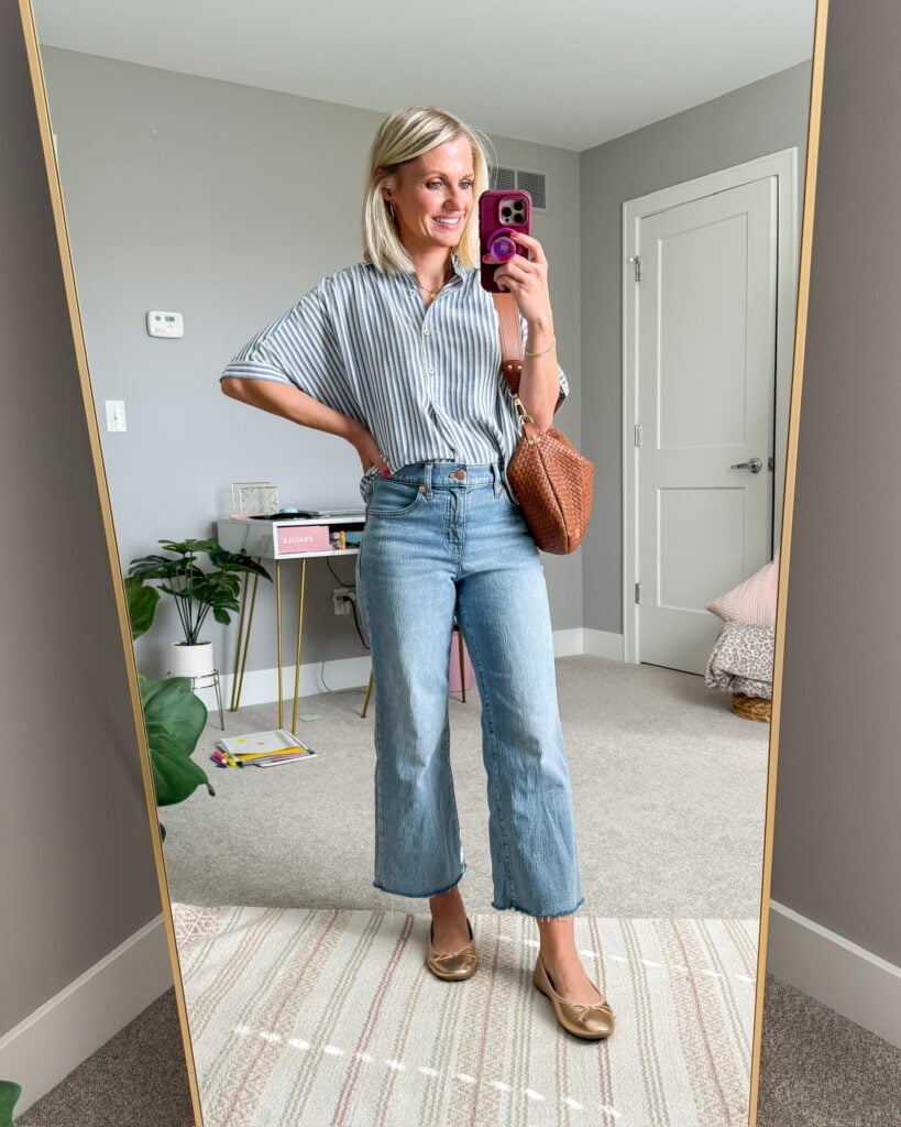 Striped Shirt With Wide Leg Cropped Jeans — Trendy Mom Outfits