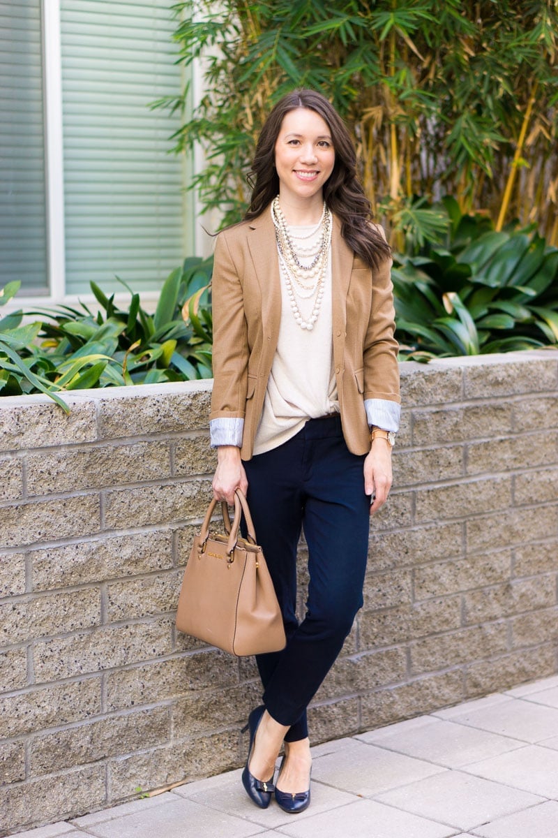 Camel Blazer With Navy Trousers — Trendy Mom Outfits