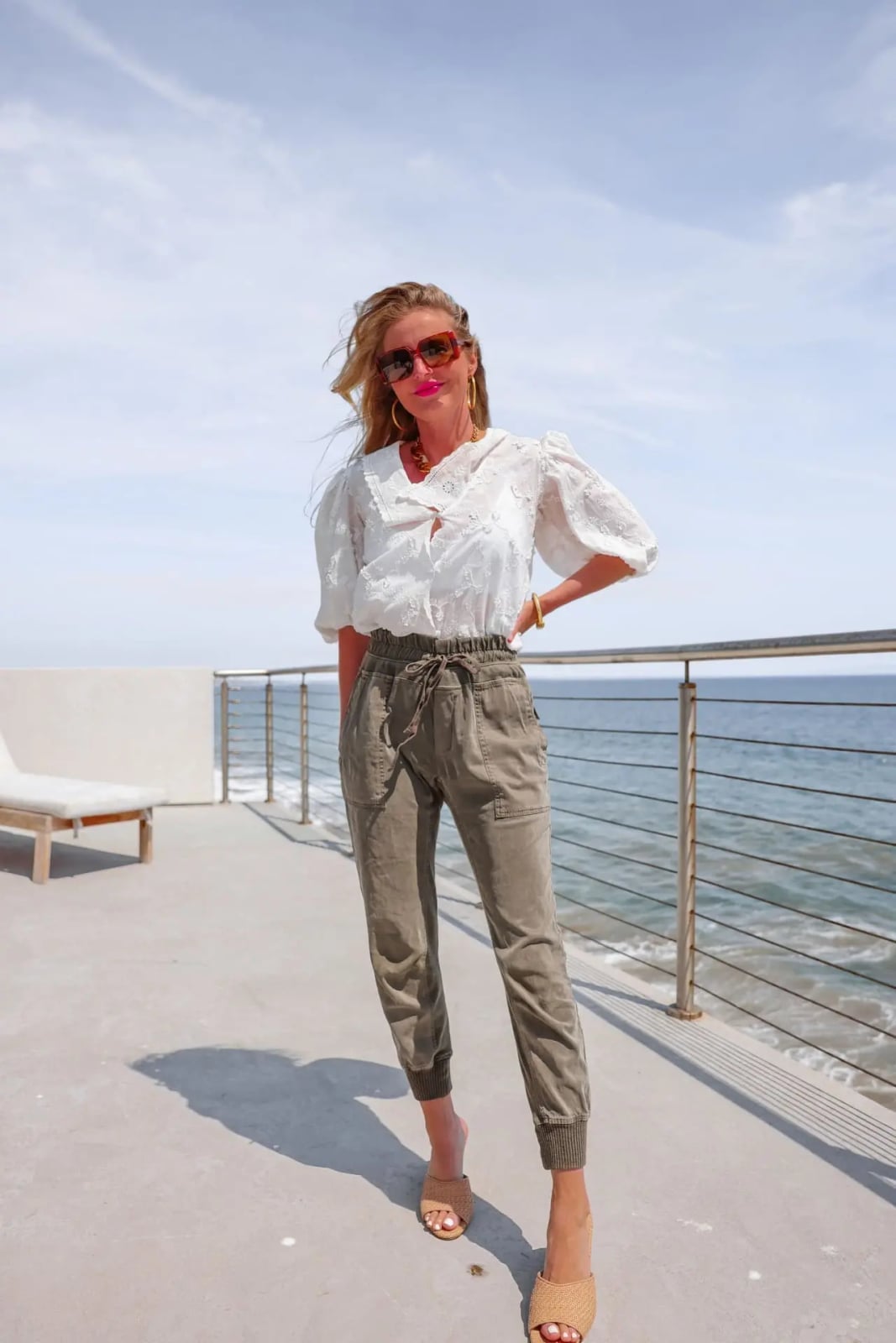 Textured Blouse With Olive Green Jogger Pants — Trendy Mom Outfits