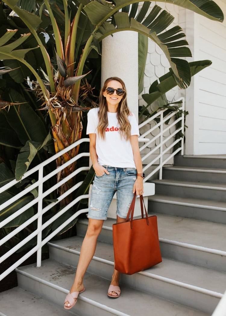 Graphic T-Shirt With Distressed Denim Shorts — Trendy Mom Outfits
