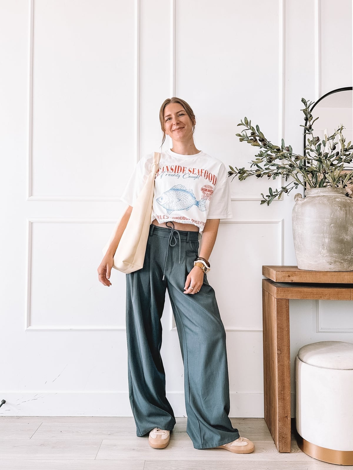 Graphic T-Shirt With Wide-Leg Grey Pants — Trendy Mom Outfits