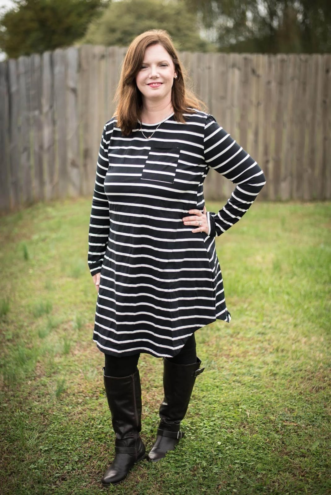 Striped A-Line Dress With Knee-High Boots — Trendy Mom Outfits