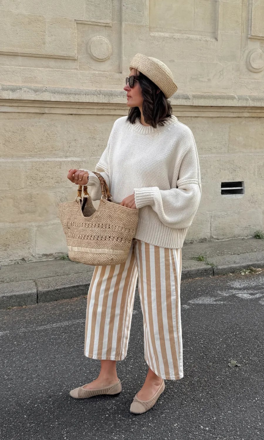 Chunky Knit Sweater With Striped Wide-Leg Trousers — Trendy Mom Outfits