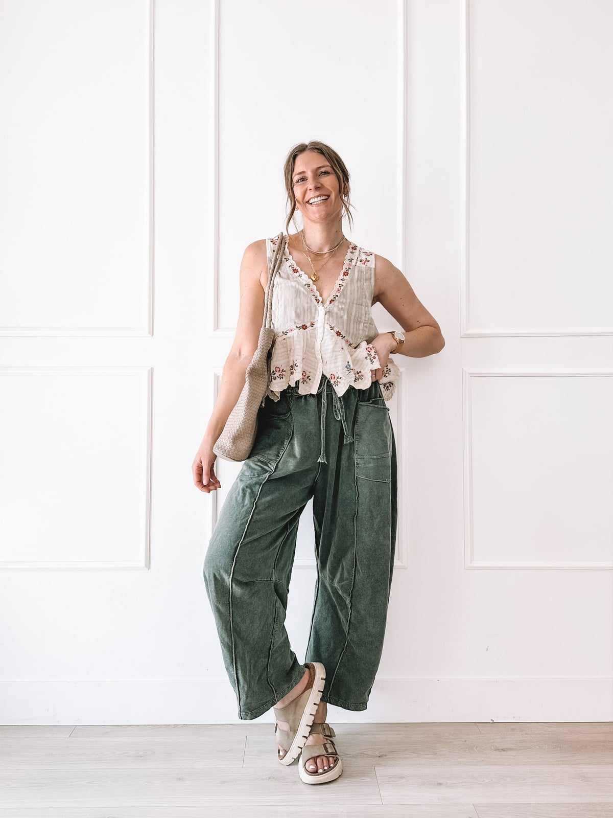 Embroidered Vest With Green Baggy Pants — Trendy Mom Outfits