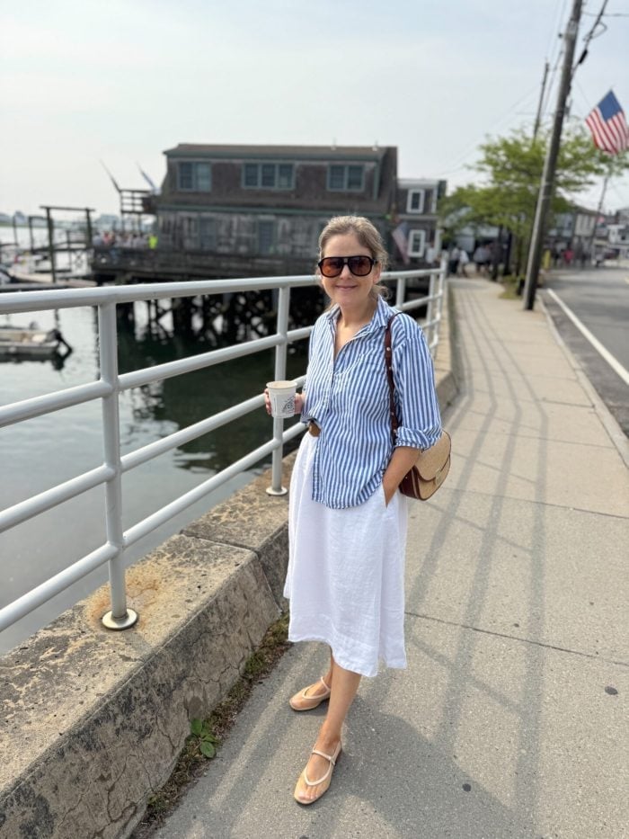 Striped Button-Down With Linen Midi Skirt — Trendy Mom Outfits