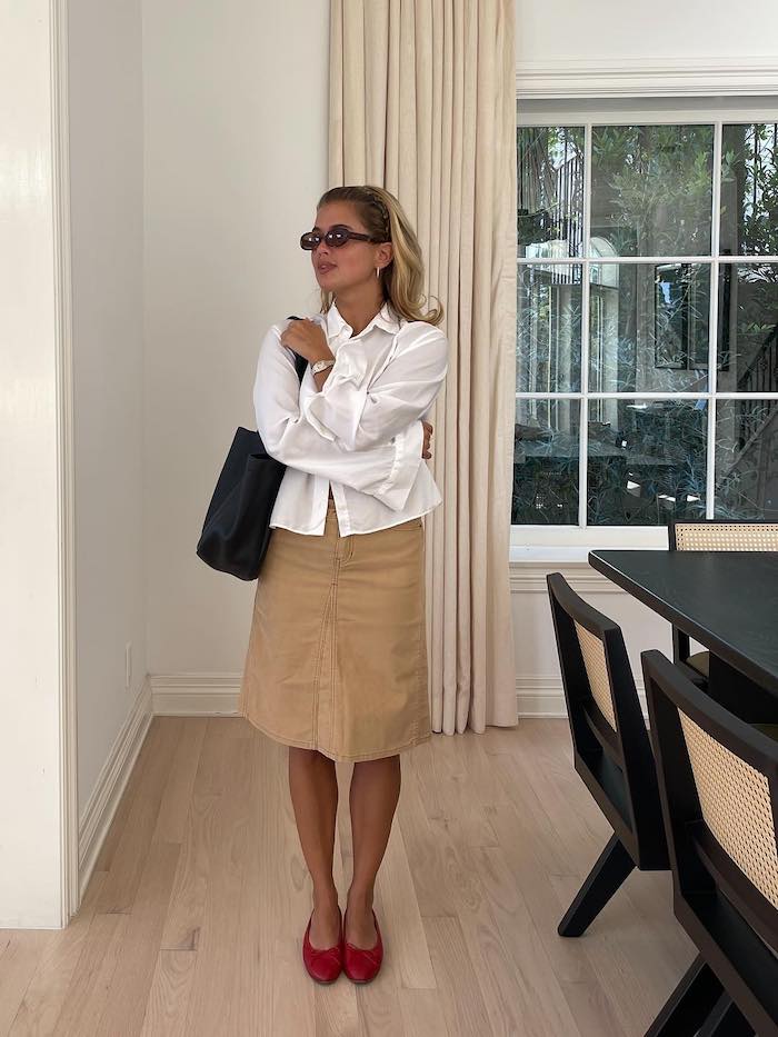 White Shirt With Corduroy Skirt And Red Flats — Trendy Mom Outfits