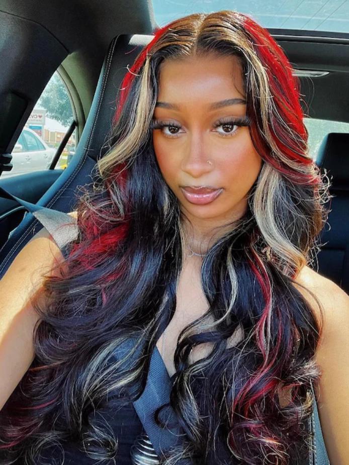 Black Base With Red And Blonde Money Piece, Mid-Back — Trendy Money Piece Hair