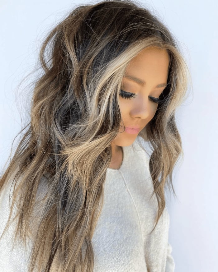 Mid-Back Dark Brown With Face Framing Blonde Money Piece — Trendy Money Piece Hair