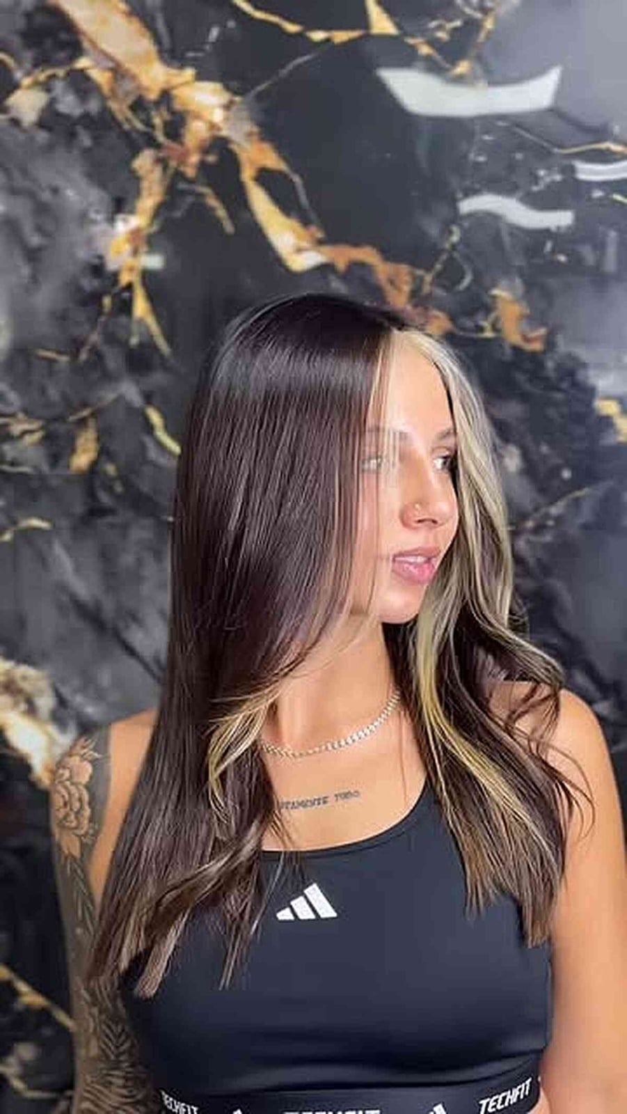 Long Layered Dark Brown With Wispy Bangs And Light Blonde Money Piece — Trendy Money Piece Hair