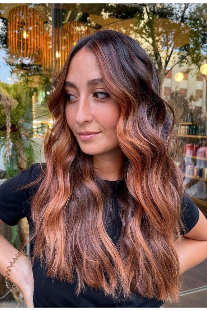 Mid-Back Dark Brown With Copper Rose Gold Money Piece — Trendy Money Piece Hair