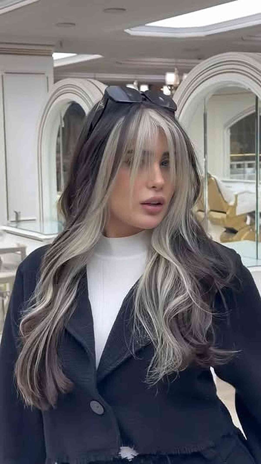 Long Layered Dark Brown With Wispy Bangs And Ash Blonde, Close-Up Take — Trendy Money Piece Hair
