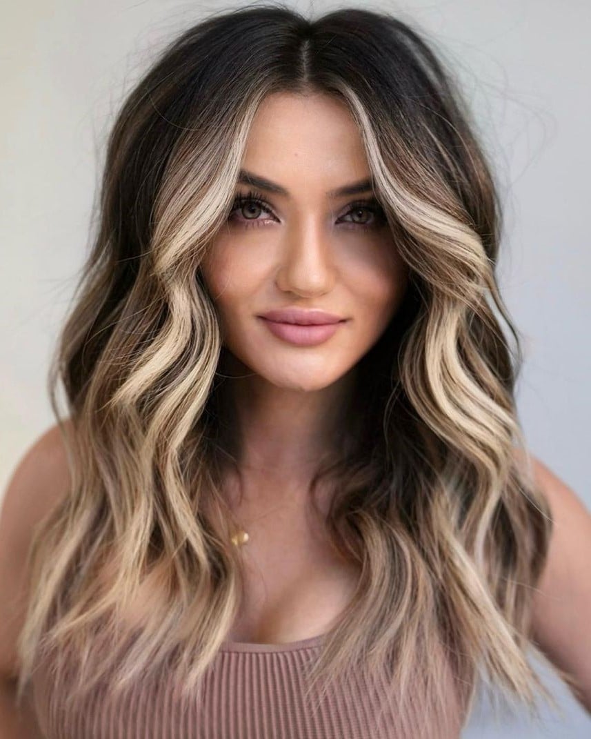 Mid-Back Dark Brown With Face Framing Blonde — Trendy Money Piece Hair