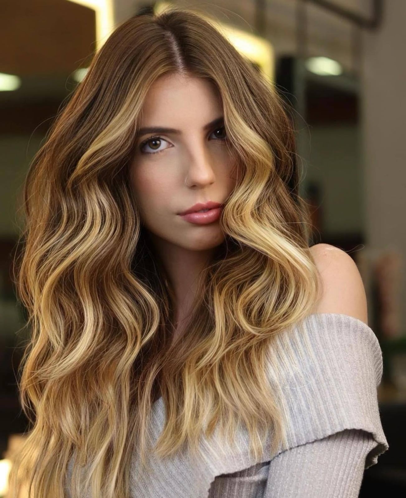 Long Layered Dark Brown With Caramel Money Piece — Trendy Money Piece Hair