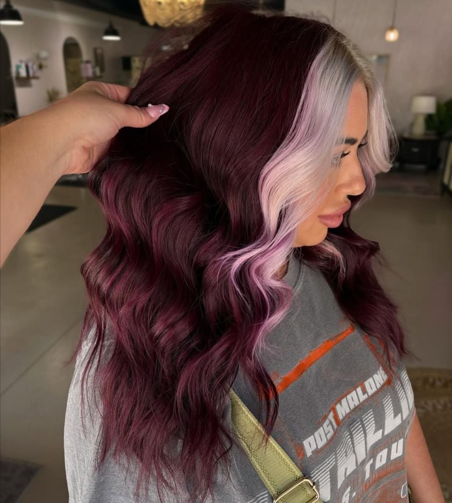 Burgundy Base With Blonde And Pink Money Piece — Trendy Money Piece Hair