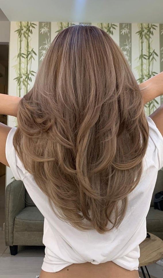 Mid-Back Layered Mushroom Brown With Blowout Mid-Back Layered Mushroom Brown With Blowout — Trendy Mushroom Brown Hair Color
