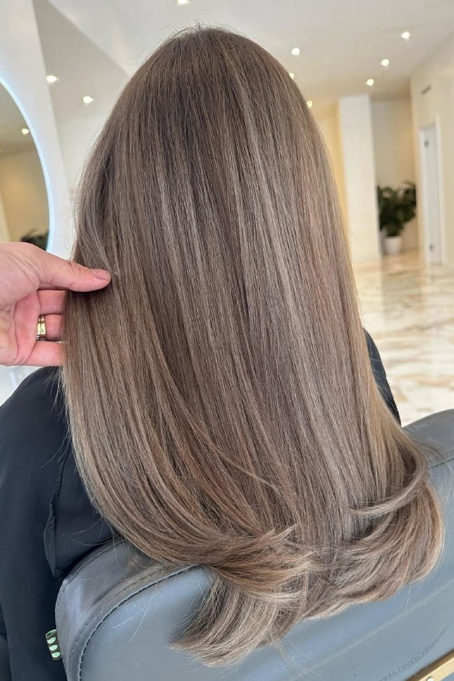 Mid-Back Straight Taupe Mushroom Brown Blowout Mid-Back Straight Taupe Mushroom Brown Blowout — Trendy Mushroom Brown Hair Color