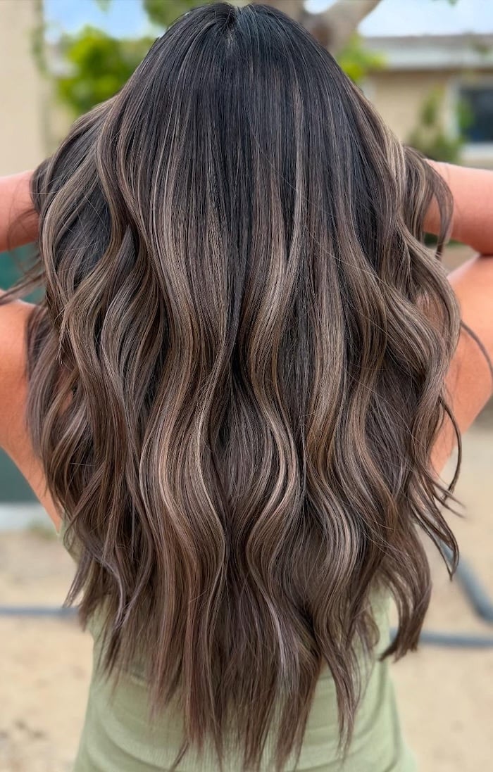 Mid-Back Wavy Mushroom Brown With Cool Beige Balayage Mid-Back Wavy Mushroom Brown With Cool Beige Balayage — Trendy Mushroom Brown Hair Color
