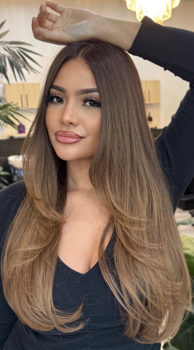 Mid-Back Long Layers Mushroom Brown With Blonde Balayage Mid-Back Long Layers Mushroom Brown With Blonde Balayage — Trendy Mushroom Brown Hair Color