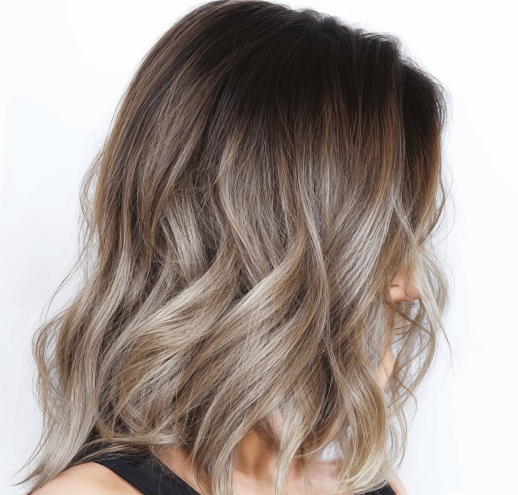 Collarbone Lob Dark Brown To Mushroom Blonde Balayage Collarbone Lob Dark Brown To Mushroom Blonde Balayage — Trendy Mushroom Brown Hair Color
