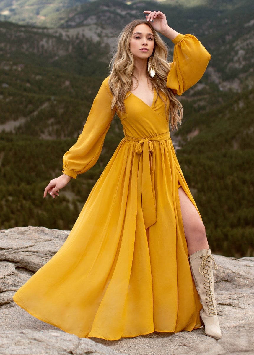 Aniya Dress in Mustard | Bohemian Maxi Dress | Joyfolie