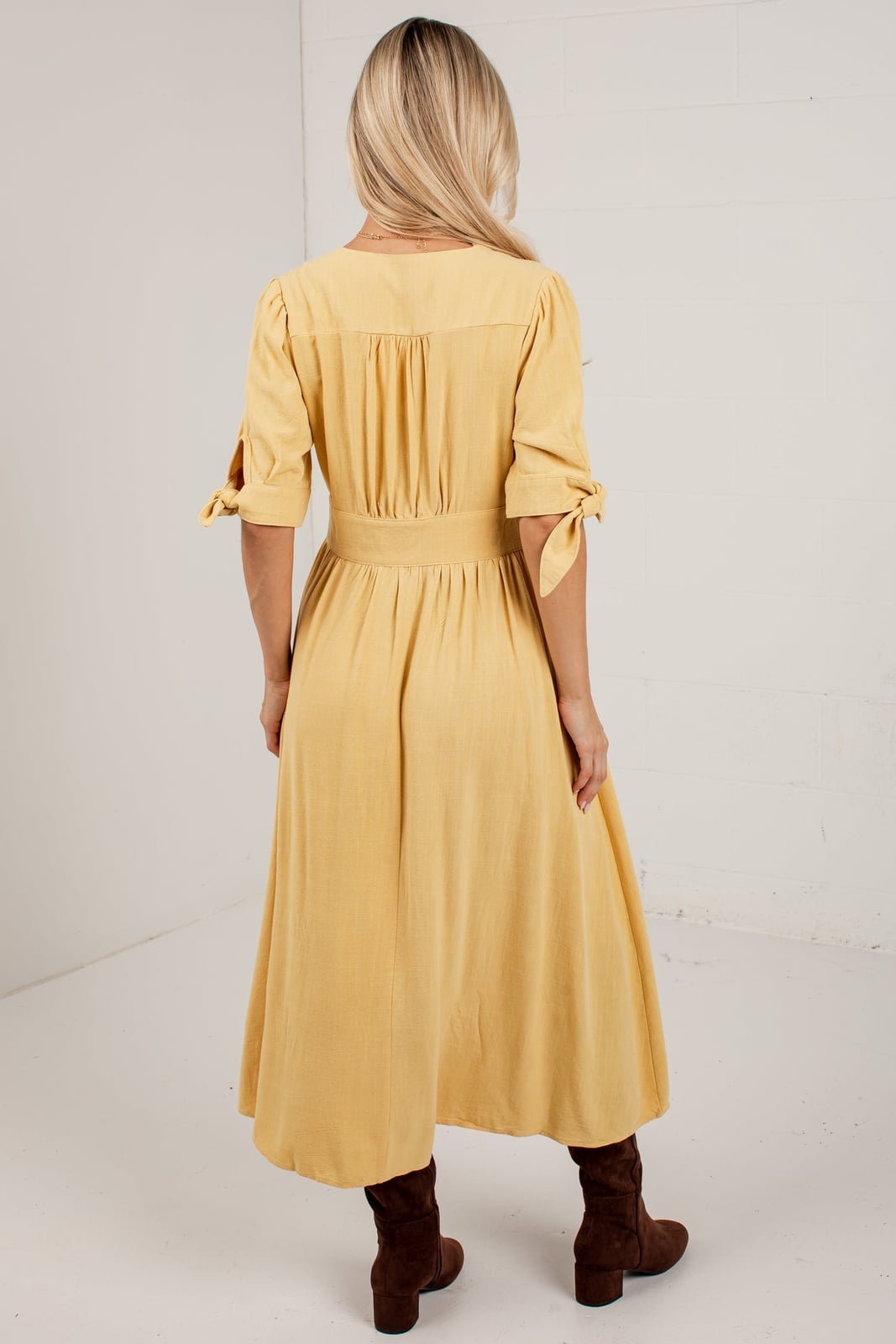 Button Front Mustard Midi Dress With Tie Belt Button Front Mustard Midi Dress With Tie Belt — Trendy Mustard Dress