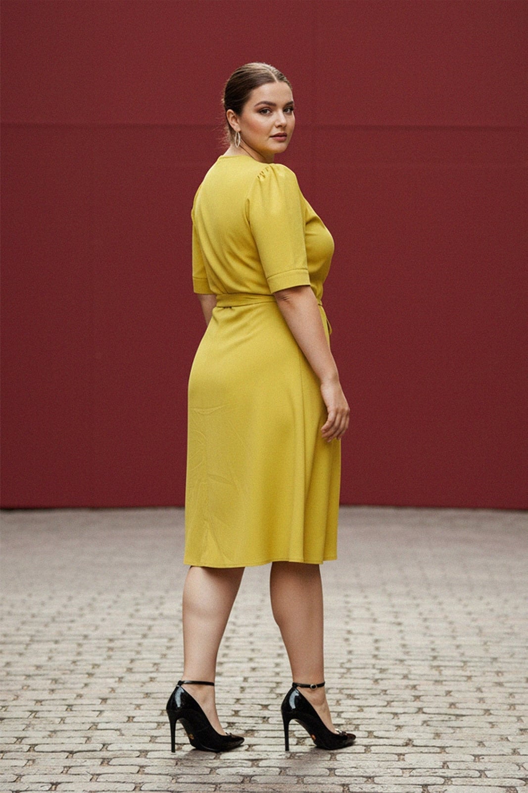 Wrap Mustard Midi Dress With Tie Waist Wrap Mustard Midi Dress With Tie Waist — Trendy Mustard Dress
