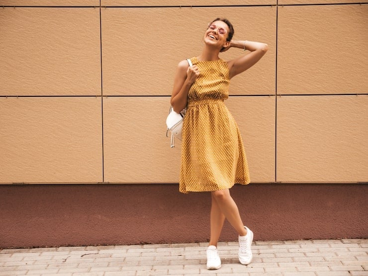 Polka Dot Mustard A-Line Dress Polka Dot Mustard A-Line Dress — Trendy Mustard Dress