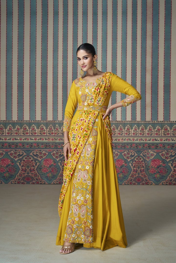 Embroidered Mustard Dress With Draped Overlay Embroidered Mustard Dress With Draped Overlay — Trendy Mustard Dress