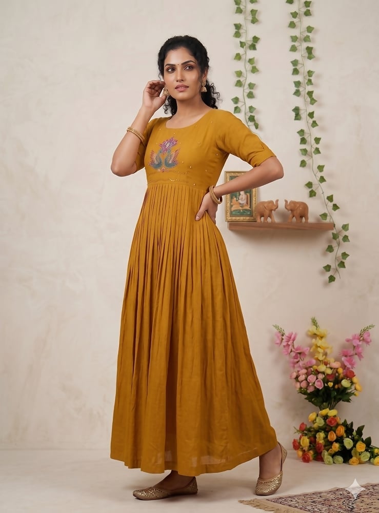 Pleated Mustard Maxi Dress With Beadwork Pleated Mustard Maxi Dress With Beadwork — Trendy Mustard Dress
