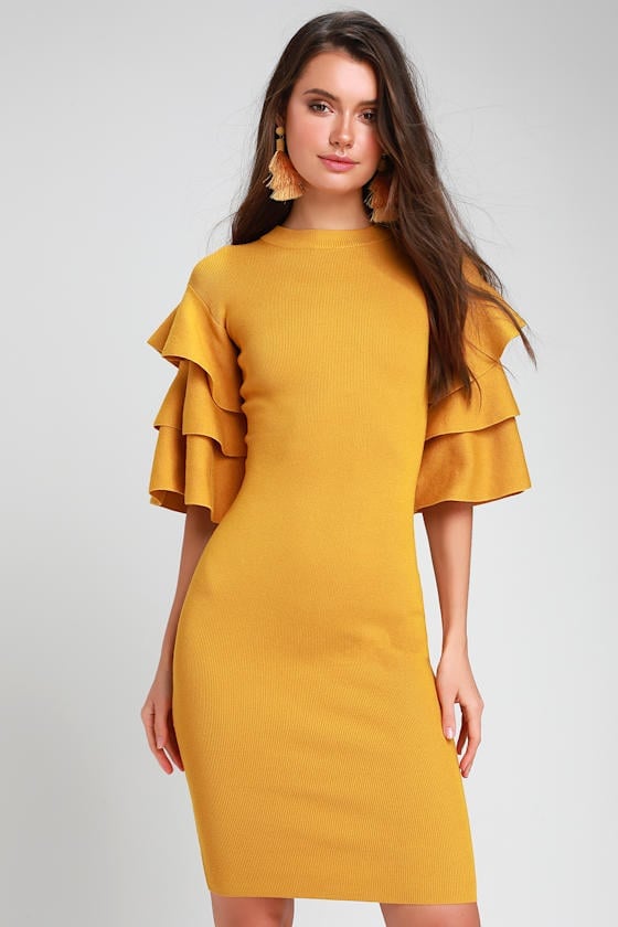 Ribbed Knit Mustard Dress With Ruffled Sleeves Ribbed Knit Mustard Dress With Ruffled Sleeves — Trendy Mustard Dress