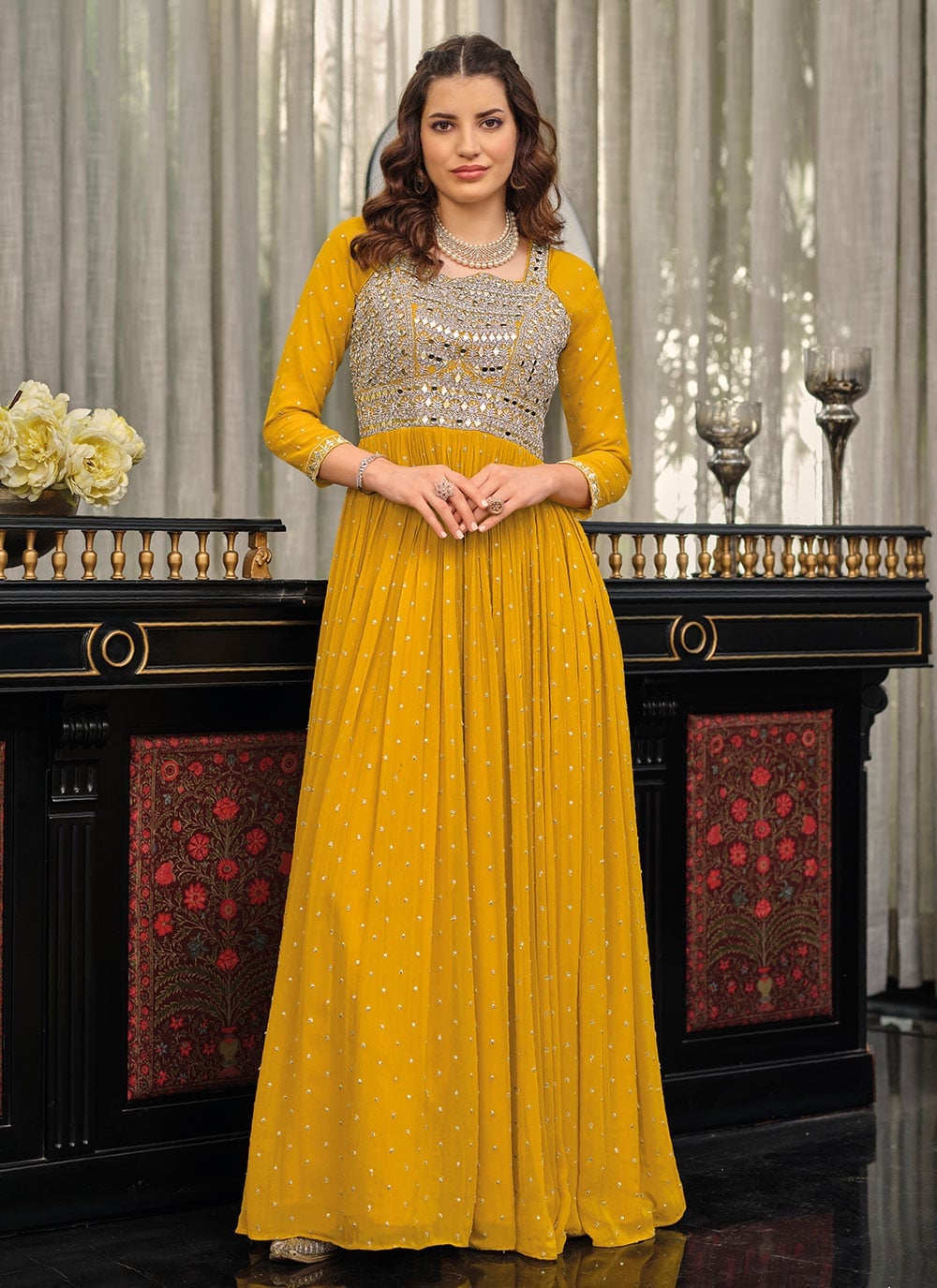 Mirrored Bodice Mustard Gown With Pleated Skirt Mirrored Bodice Mustard Gown With Pleated Skirt — Trendy Mustard Dress