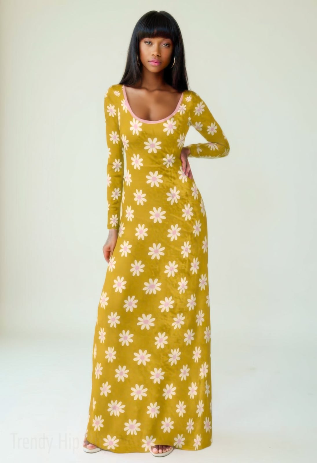 Floral Print Velvet Mustard Maxi Dress Floral Print Velvet Mustard Maxi Dress — Trendy Mustard Dress