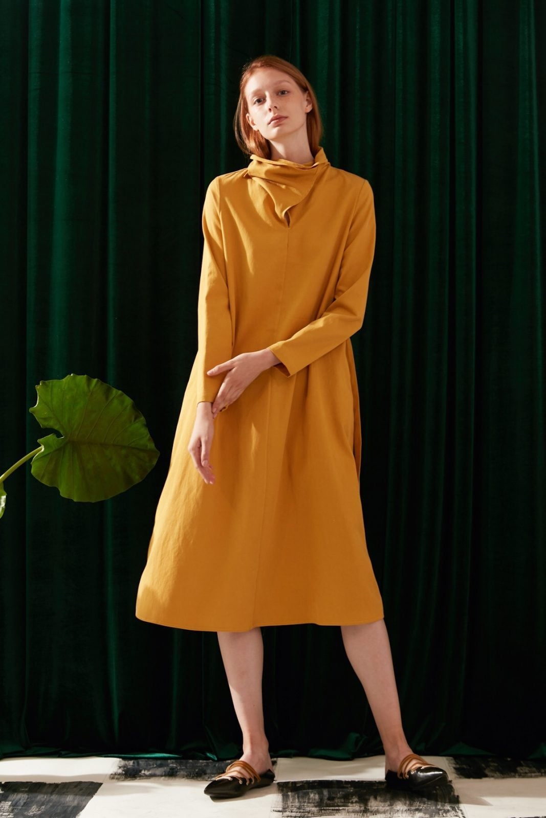 Textured Mustard Dress With Draped Neckline Textured Mustard Dress With Draped Neckline — Trendy Mustard Dress