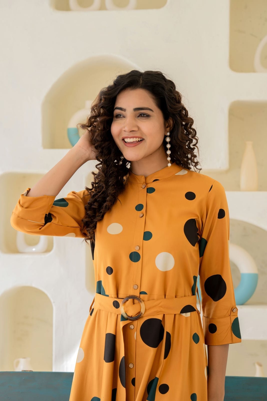 Polka Dot Mustard Shirt Dress With Belt Polka Dot Mustard Shirt Dress With Belt — Trendy Mustard Dress