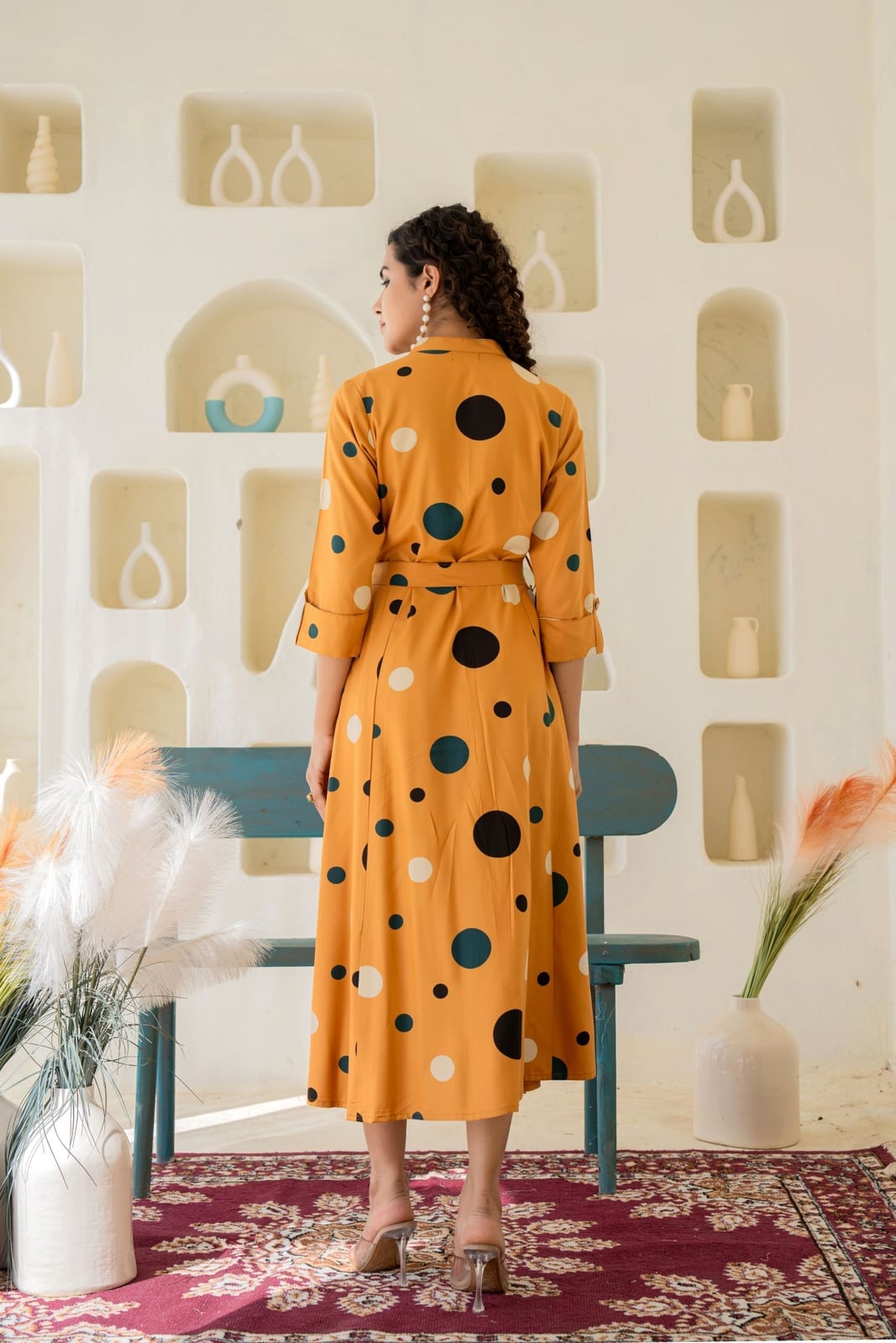Polka Dot Mustard Shirt Dress With Teal Accents Polka Dot Mustard Shirt Dress With Teal Accents — Trendy Mustard Dress
