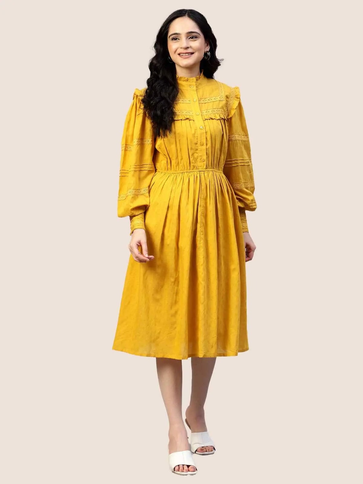 Smocked Waist Mustard Dress With Lace Trim Smocked Waist Mustard Dress With Lace Trim — Trendy Mustard Dress