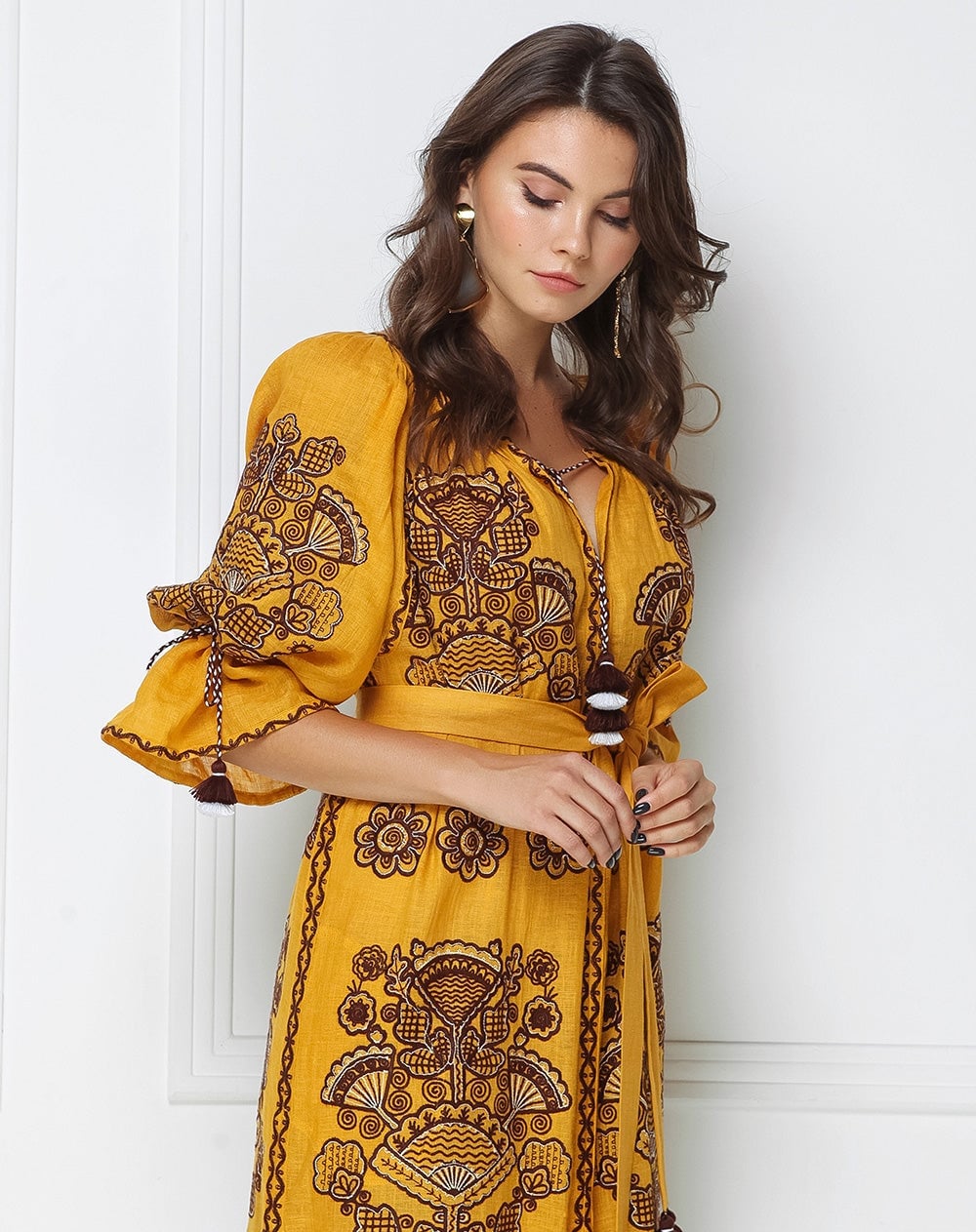 Embroidered Mustard Dress With Tassel Belt Embroidered Mustard Dress With Tassel Belt — Trendy Mustard Dress