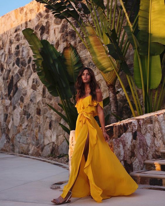 Off-the-Shoulder Yellow Maxi Dress With Ruffles Off-the-Shoulder Yellow Maxi Dress With Ruffles — Trendy Mustard Dress